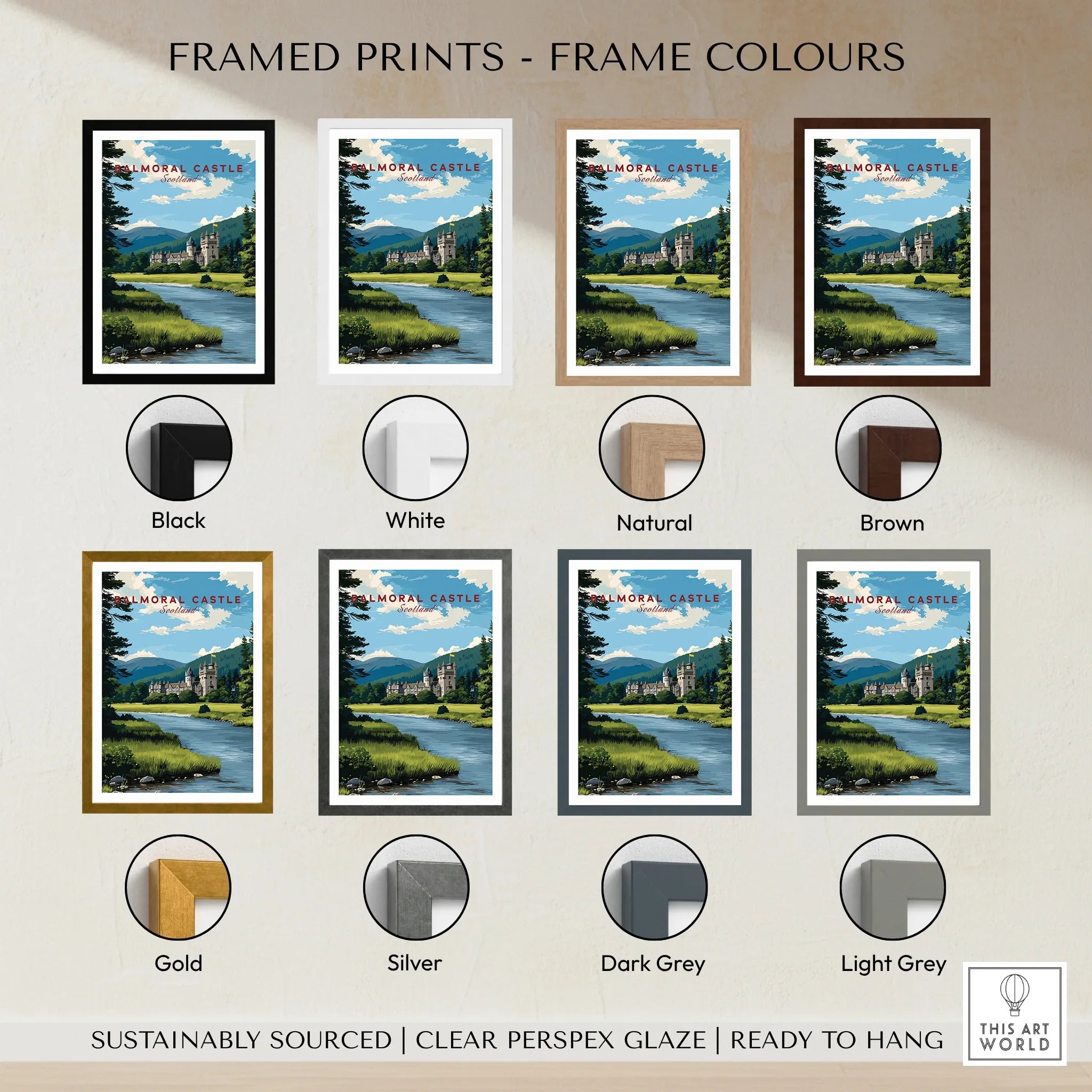 Balmoral Castle framed art print in eight frame colors, wall art decor options displayed
