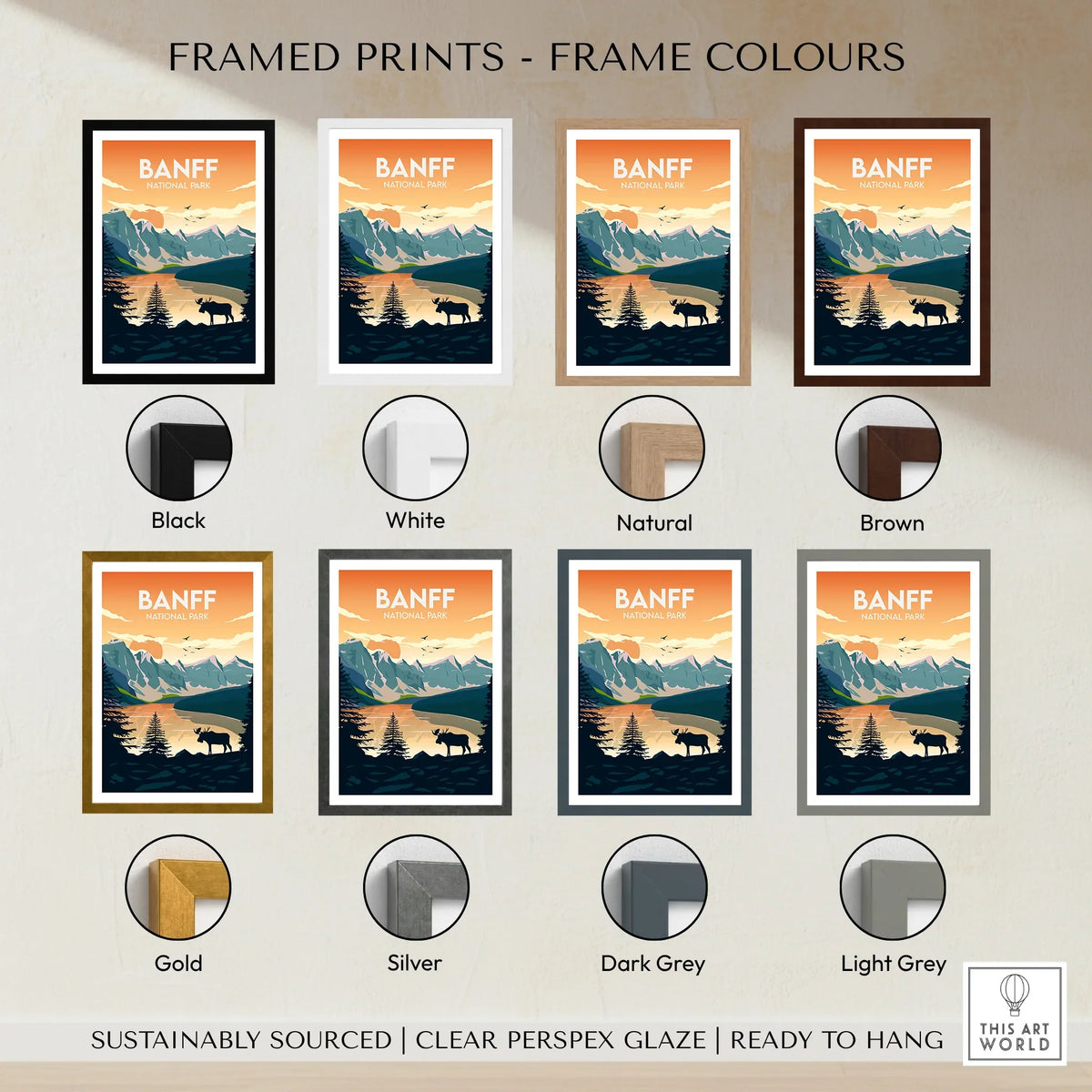Banff National Park travel art print with various frame color options, mountain and wildlife illustration