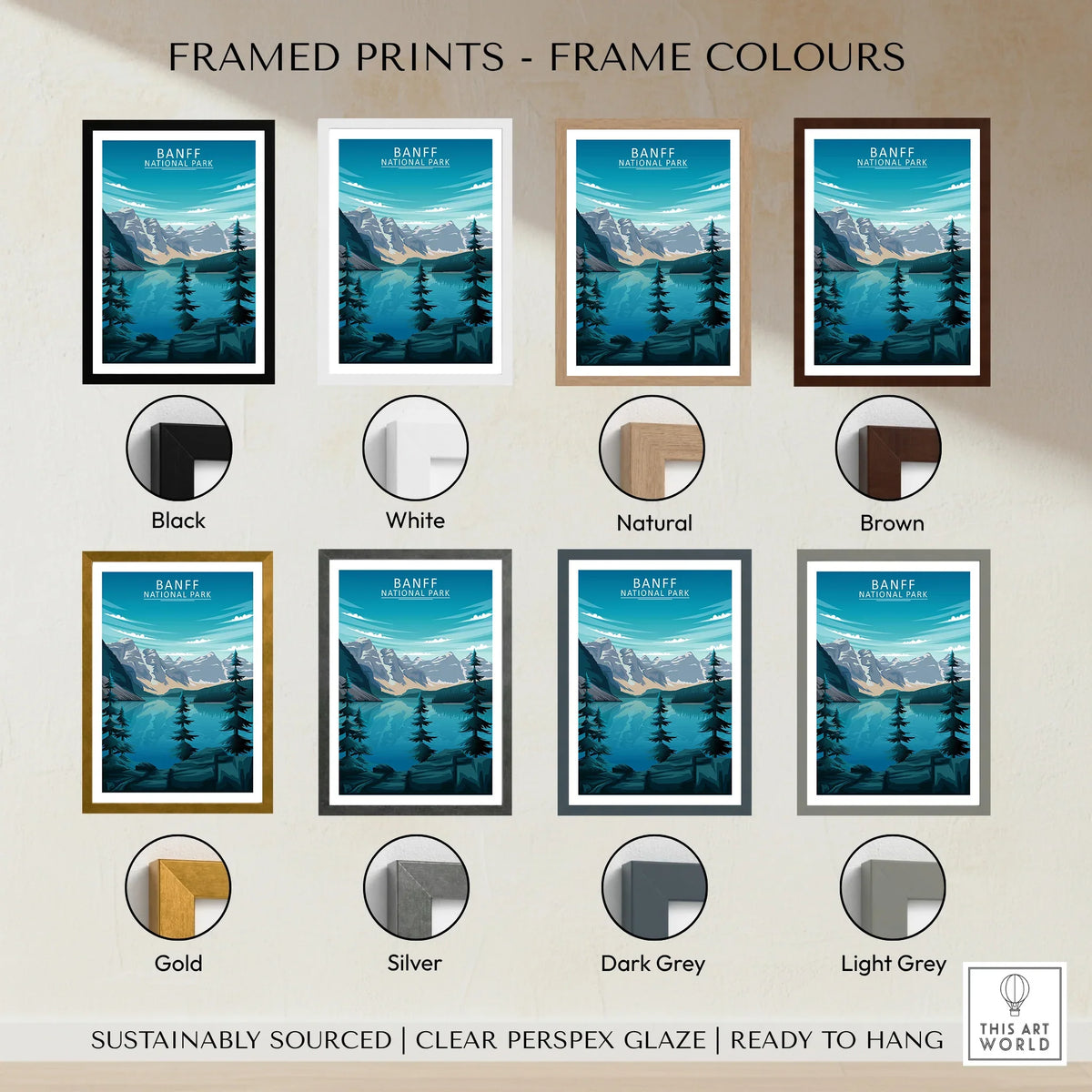 Banff National Park print with mountains and pine trees, shown in eight frame color options