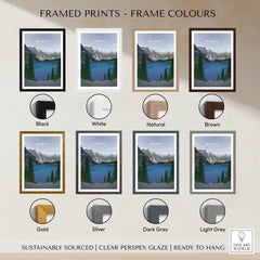 Banff National Park art print with lake and mountains shown in 8 frame color options