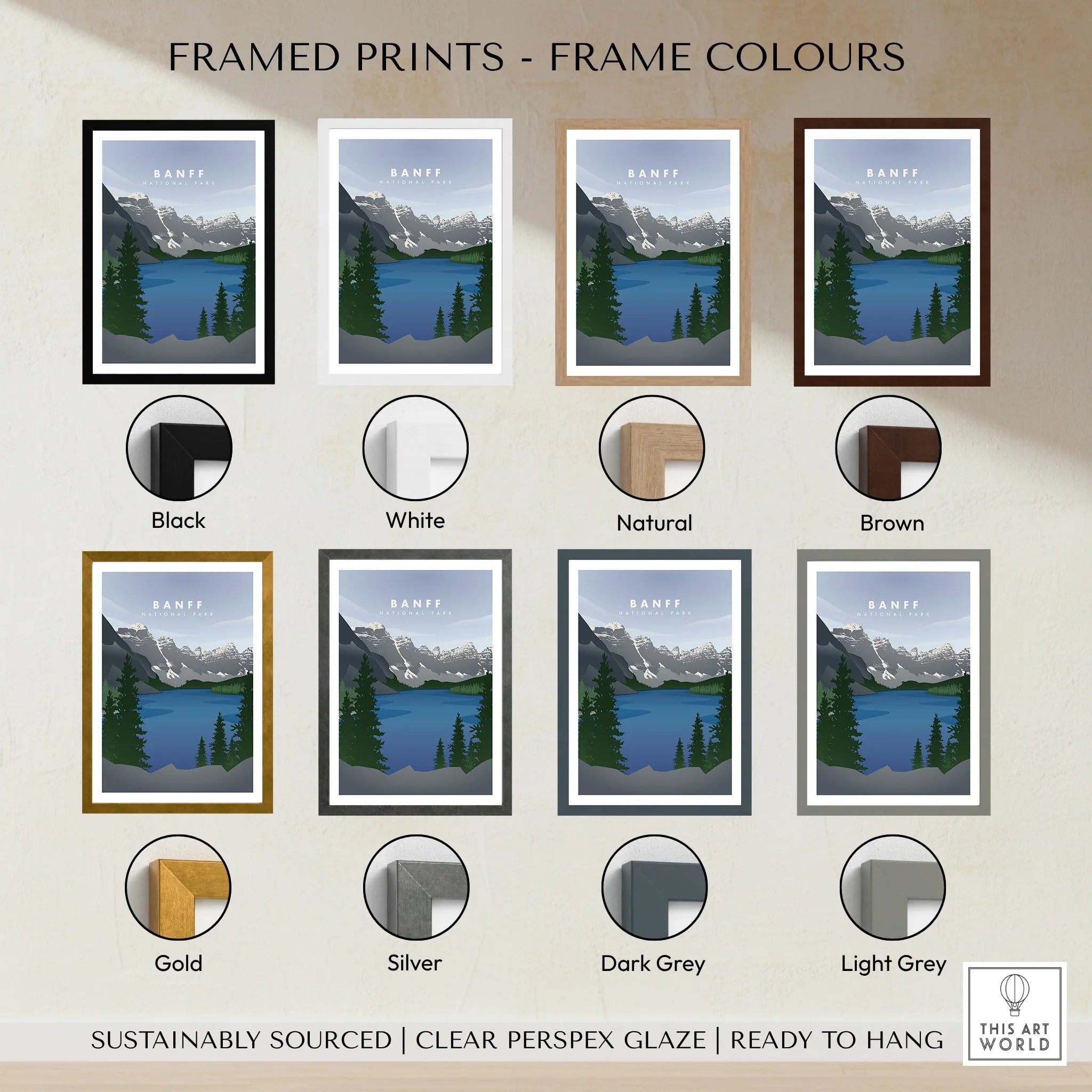 Banff National Park art print with lake and mountains shown in 8 frame color options