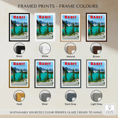Banff National Park travel poster print with eight frame color options displayed