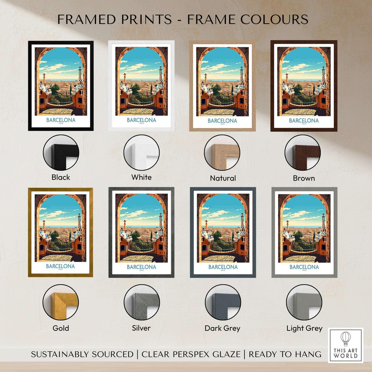 Barcelona Wall Art | Modern Style framed prints in various colors including black, white, brown, and gold.