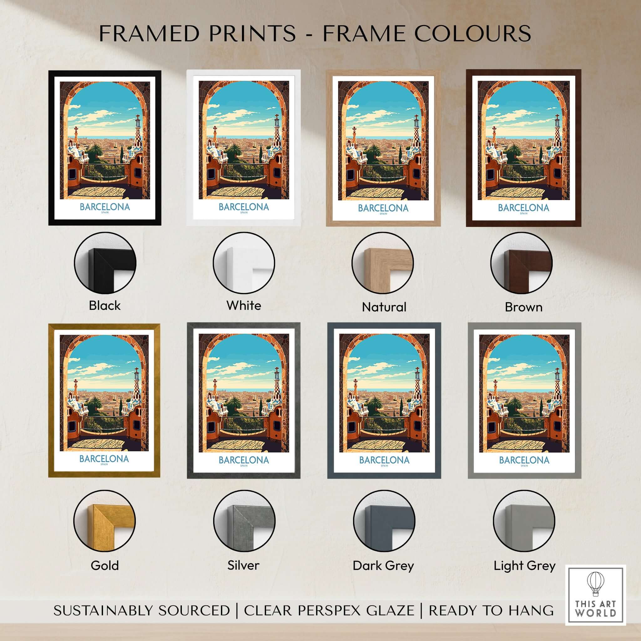 Barcelona Wall Art | Modern Style framed prints in various colors including black, white, brown, and gold.