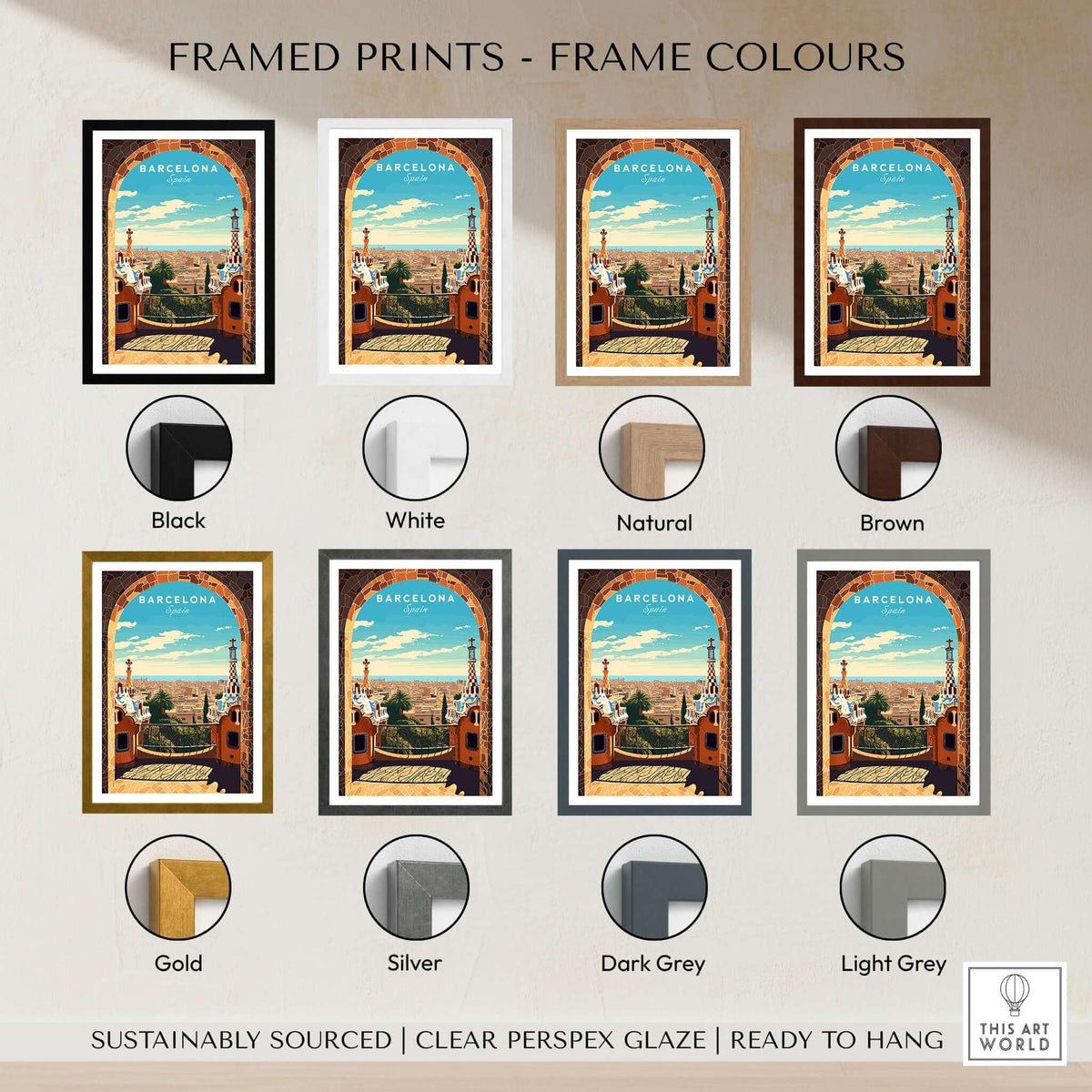 Barcelona Poster - Park Güell framed print options in various colors including black, white, natural, and brown.