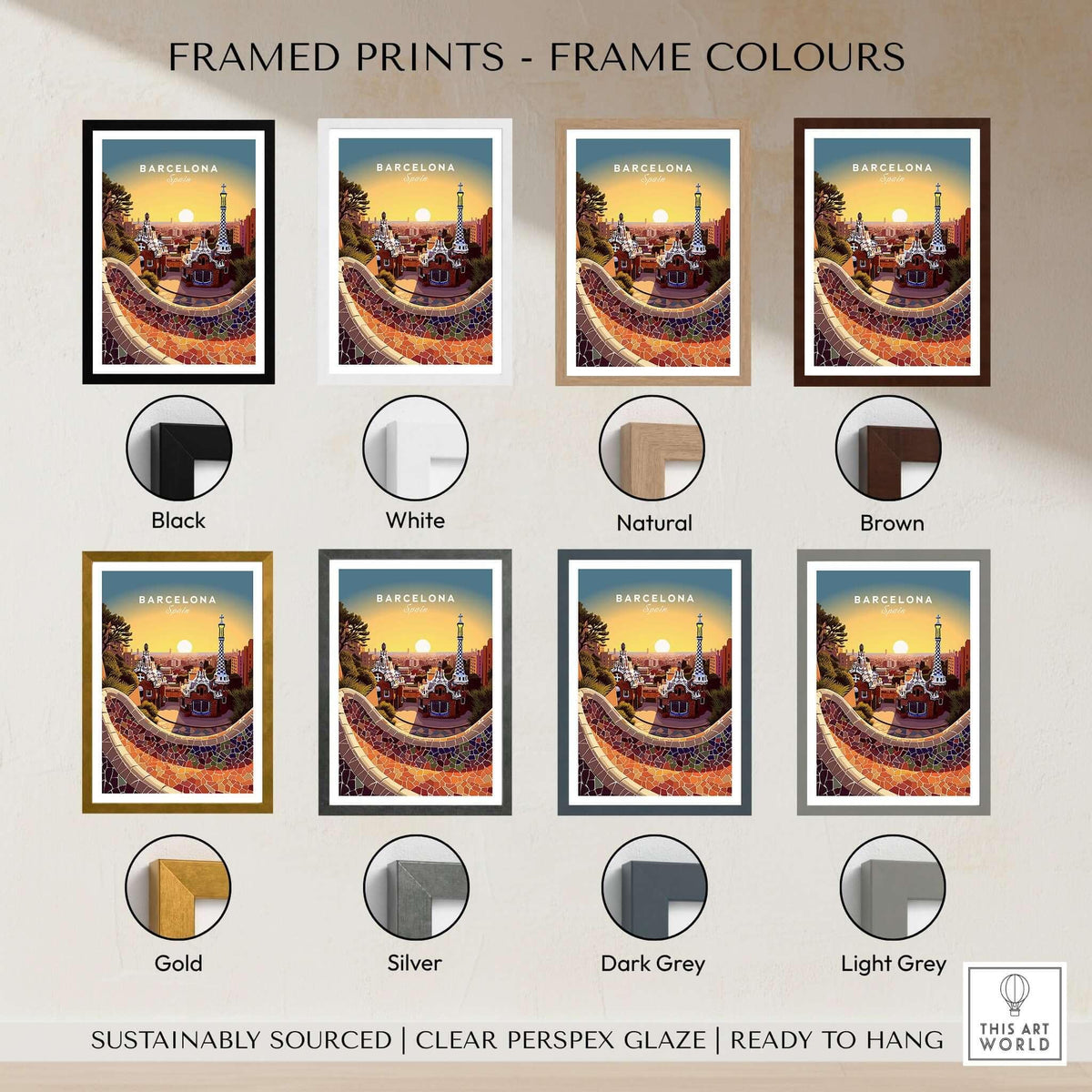 Barcelona Travel Poster Print framed in various color options including black, white, natural, brown, gold, silver, dark grey, and light grey.
