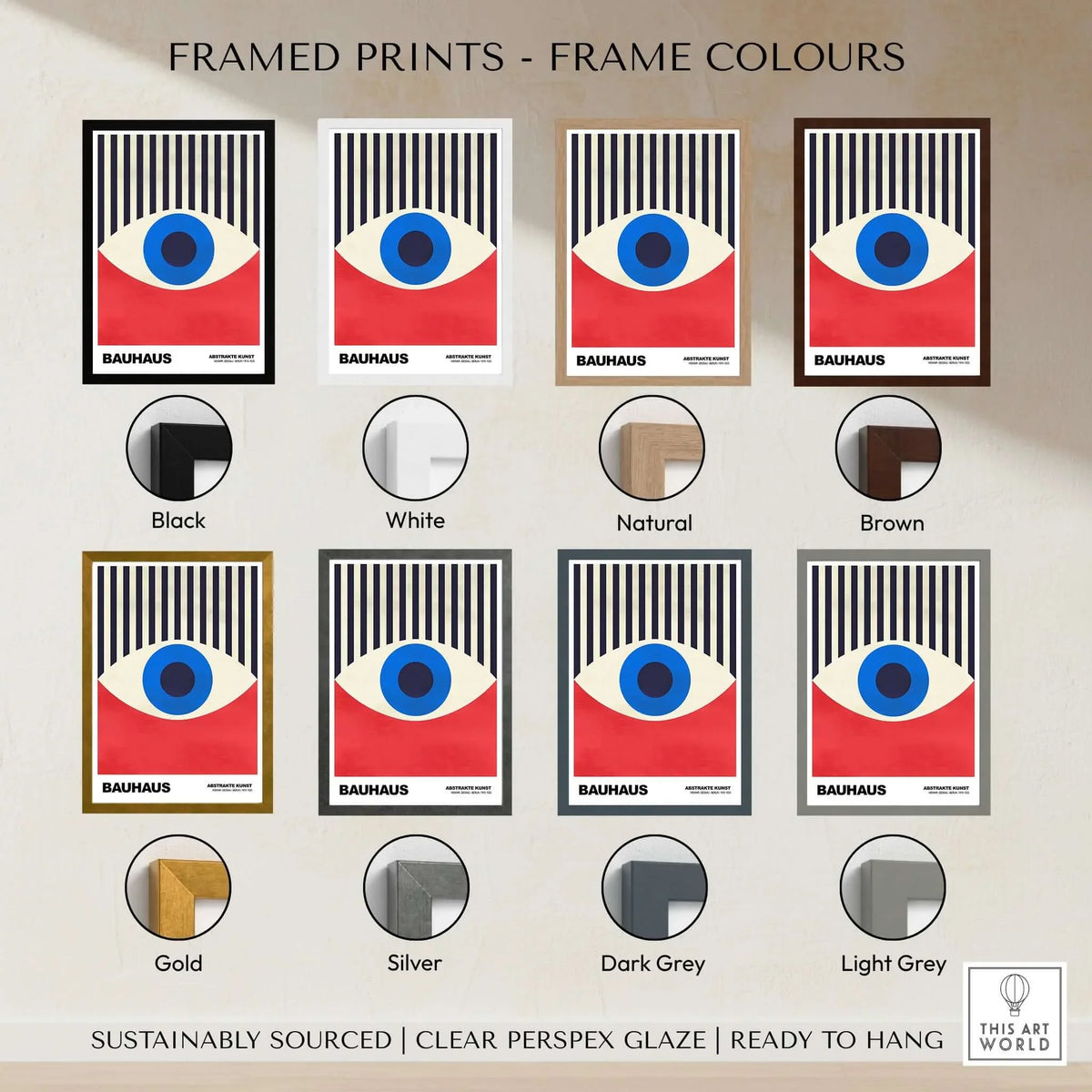 Bauhaus Exhibition Prints - Abstract Eye Art Print Geometric Red Blue Design framed in various color options.