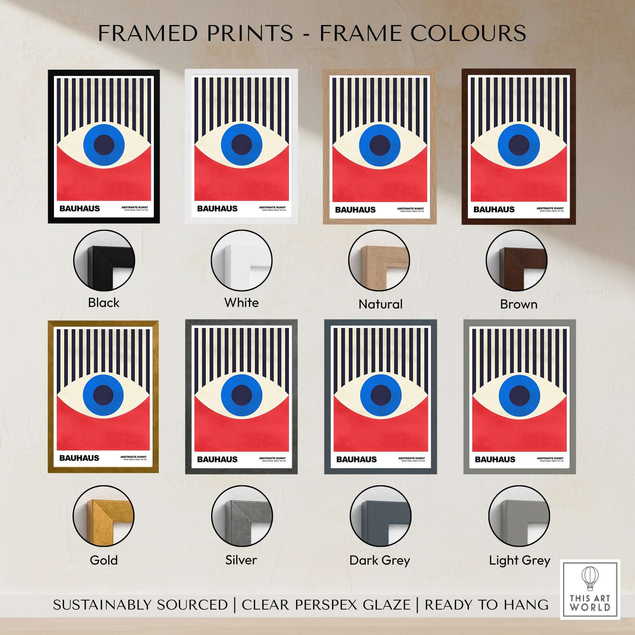 Bauhaus Exhibition Prints - Abstract Eye Art Print Geometric Red Blue Design framed in various color options.