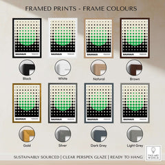 Bauhaus Exhibition Prints - Abstract Circle Pattern Art Print Green Black Dot Gradient framed print color options display.