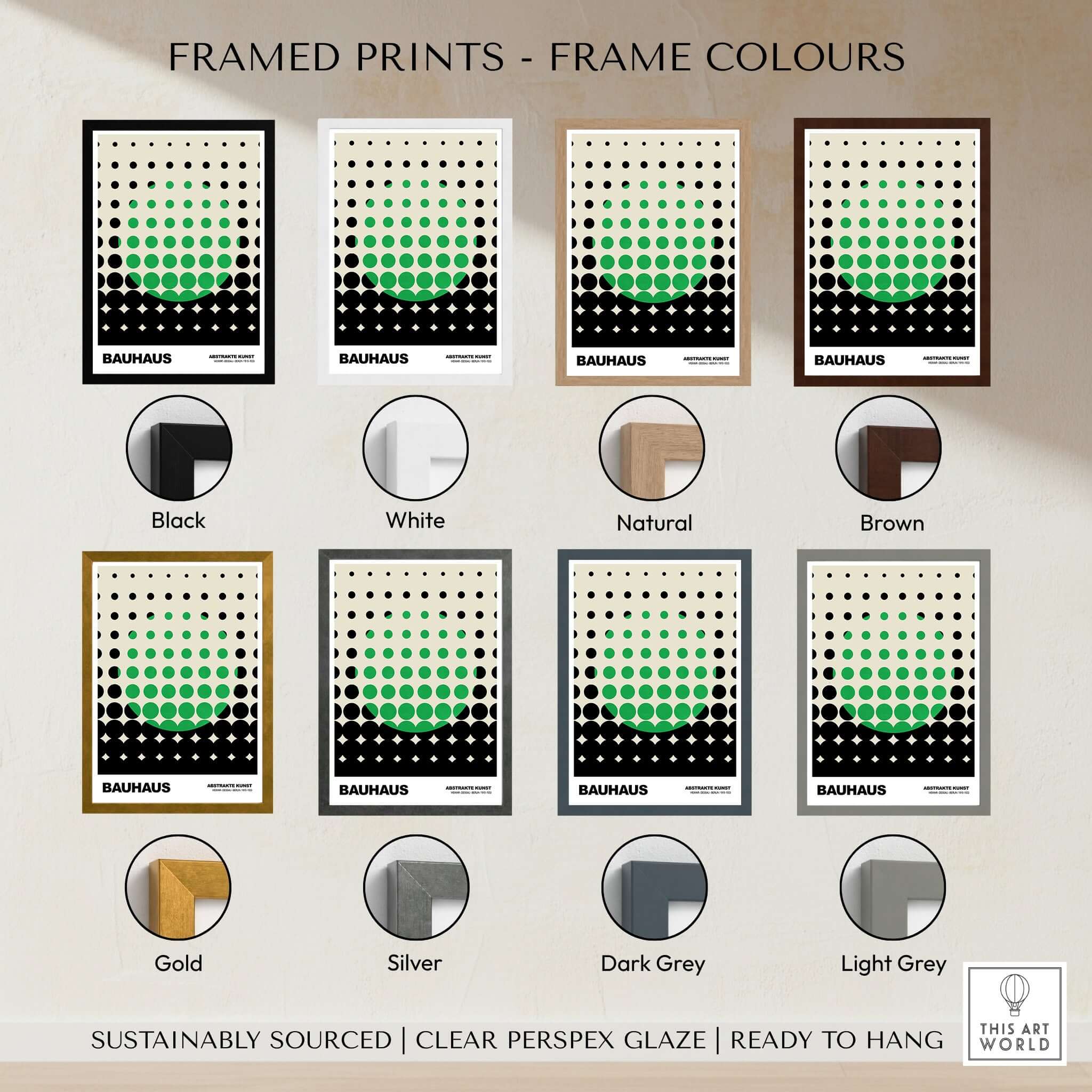 Bauhaus Exhibition Prints - Abstract Circle Pattern Art Print Green Black Dot Gradient framed print color options display.