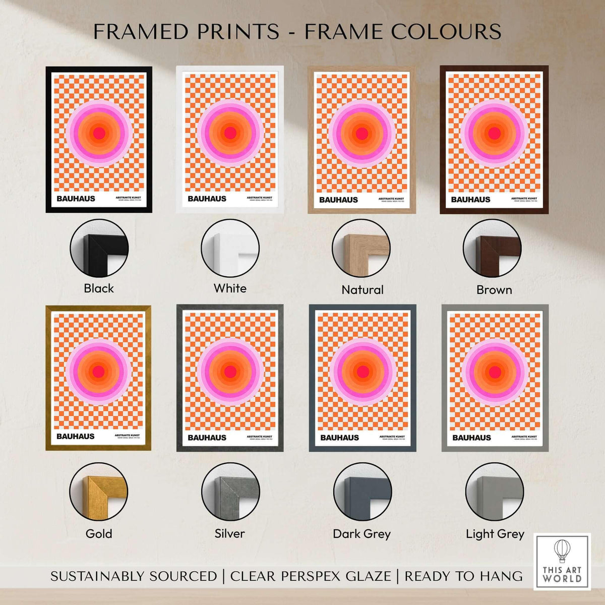 Bauhaus Exhibition Prints - Pink Circles Poster Orange Checkerboard Art framed prints with various frame colors.
