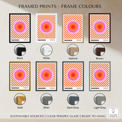 Bauhaus Exhibition Prints - Pink Circles Poster Orange Checkerboard Art framed prints with various frame colors.