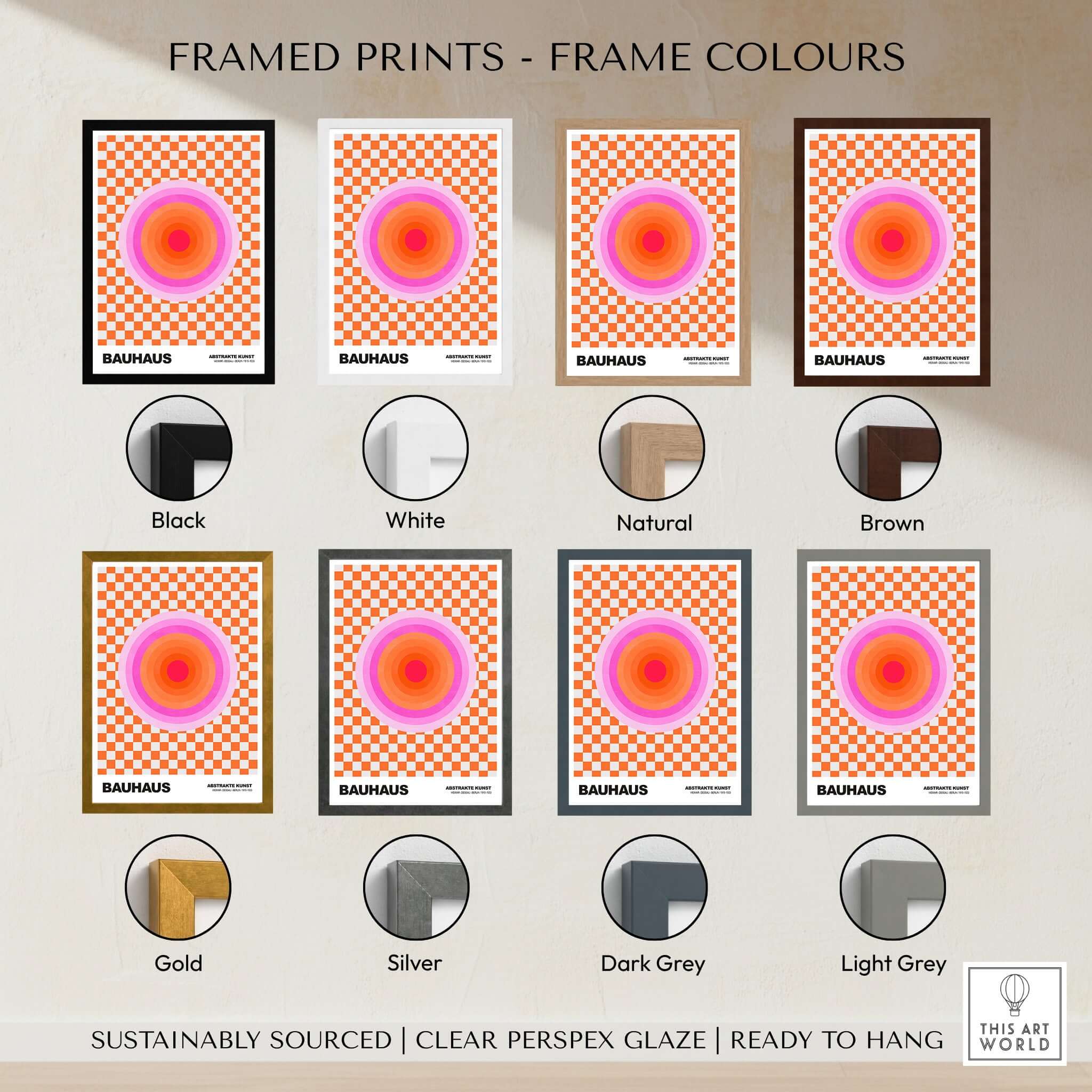 Bauhaus Exhibition Prints - Pink Circles Poster Orange Checkerboard Art framed prints with various frame colors.