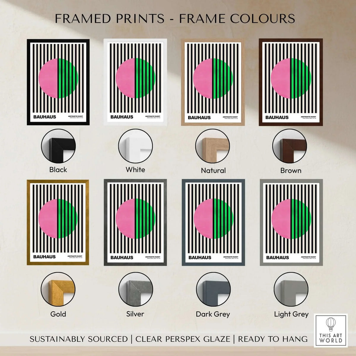Bauhaus Exhibition Prints - Split Circle Abstract Art Print Pink Green Stripes with various frame colors options.