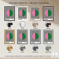 Bauhaus Exhibition Prints - Split Circle Abstract Art Print Pink Green Stripes with various frame colors options.