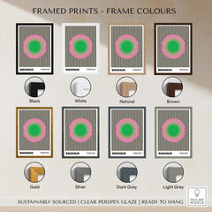 Bauhaus Exhibition Prints - Concentric Circles Poster Pink Green Striped Art framed in various colors including black, white, and brown.