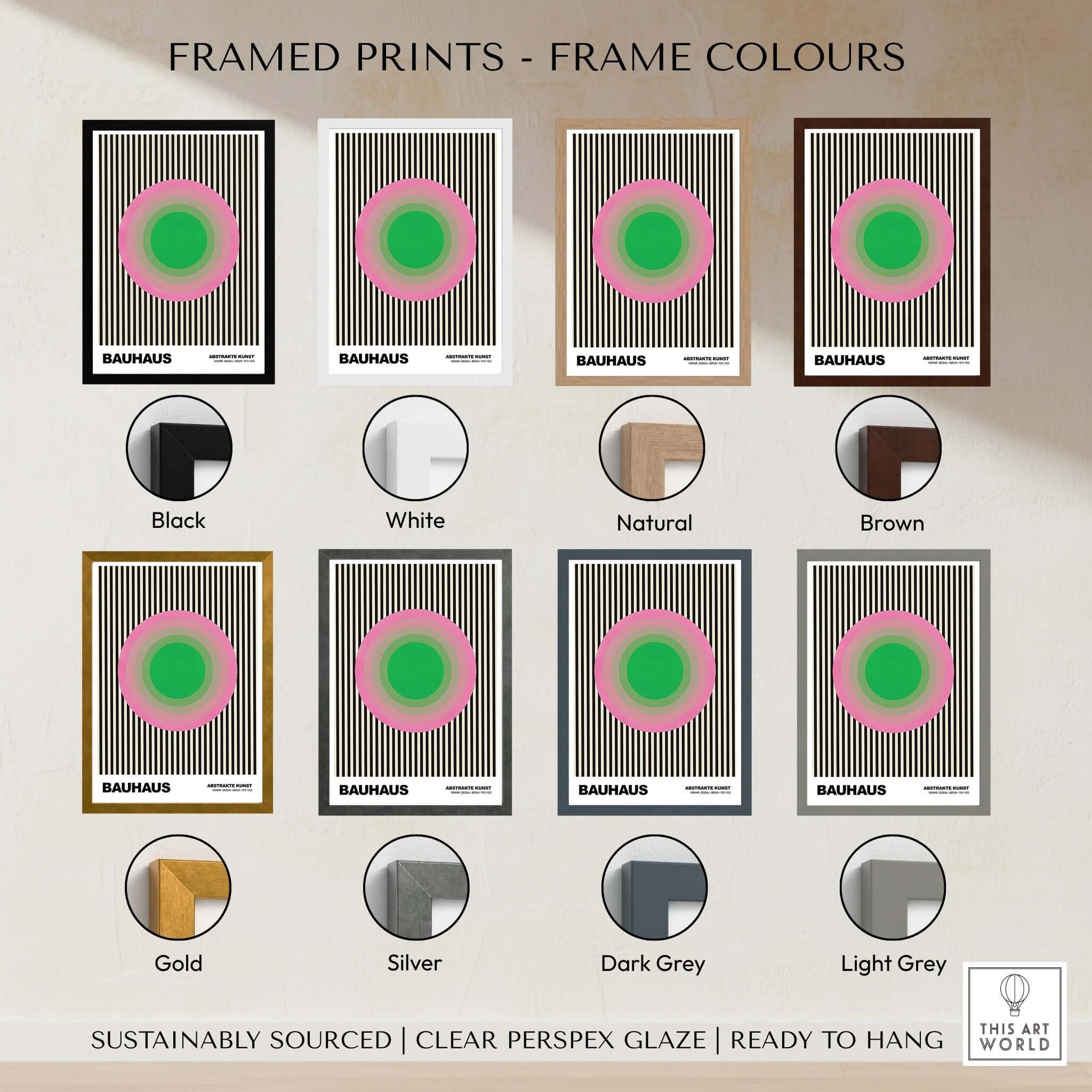 Bauhaus Exhibition Prints - Concentric Circles Poster Pink Green Striped Art framed in various colors including black, white, and brown.