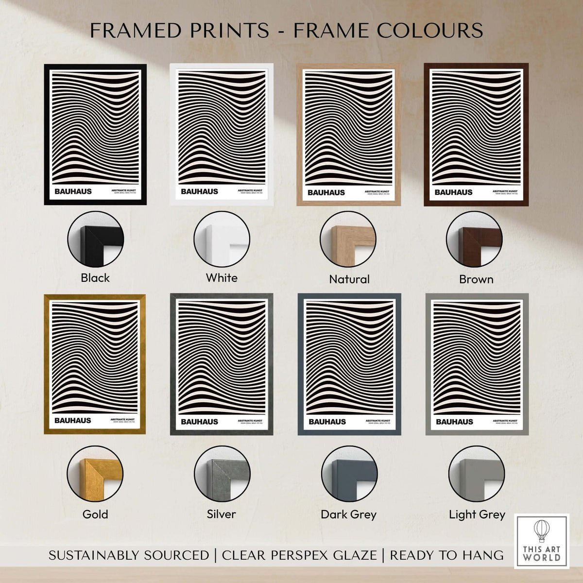 Bauhaus Exhibition Prints -  Optical Wave Lines Art Print Black Cream Abstract framed print color options display.