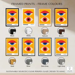 Bauhaus Exhibition Prints - Abstract Eyes Poster Geometric Orange Red Blue Art Framed in various colors displayed.