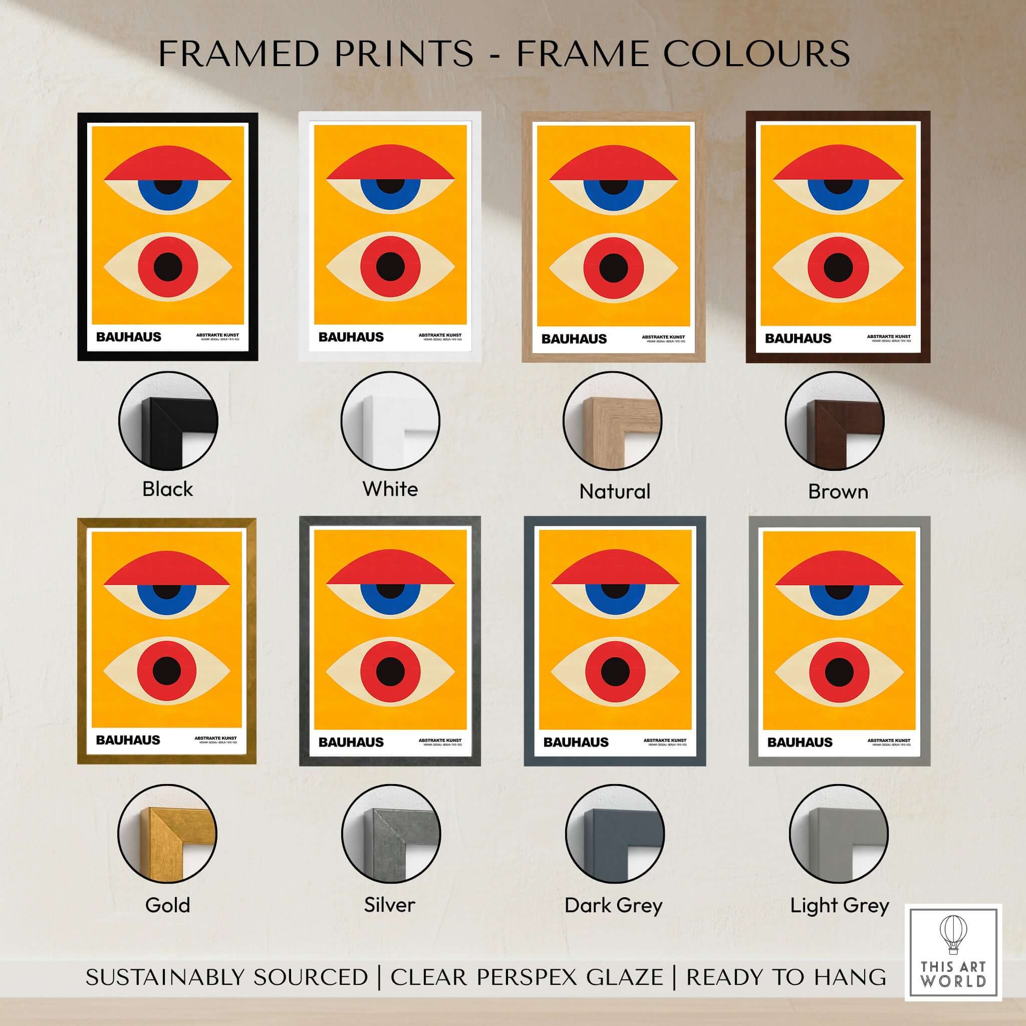 Bauhaus Exhibition Prints - Abstract Eyes Poster Geometric Orange Red Blue Art Framed in various colors displayed.