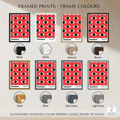Bauhaus Exhibition Prints - Repeating Eyes Pattern Poster Red Black Cream Art framed in various color options.