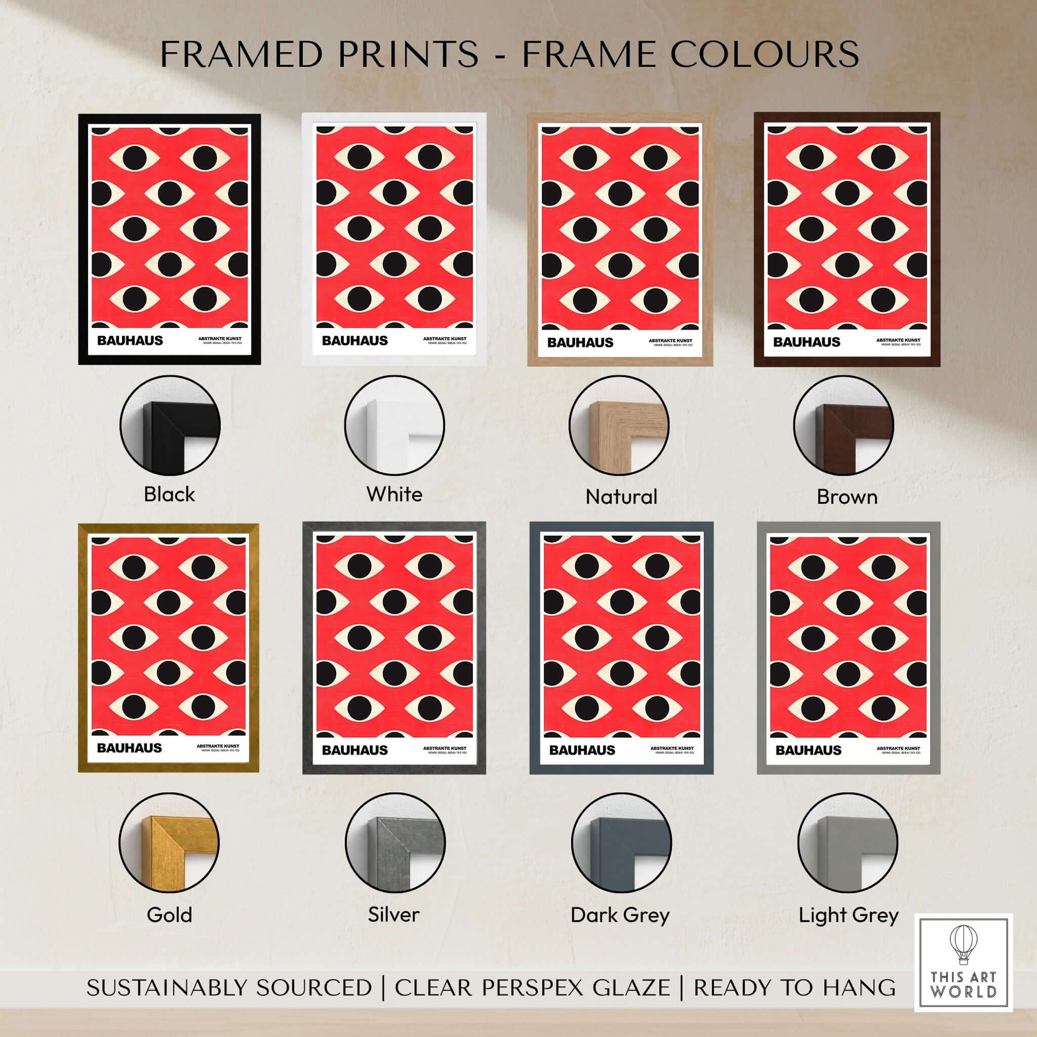 Bauhaus Exhibition Prints - Repeating Eyes Pattern Poster Red Black Cream Art framed in various color options.