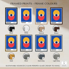 Bauhaus Exhibition Prints - Abstract Eye Circles Poster - Blue Yellow Red Primary Art displayed in various frame colors.