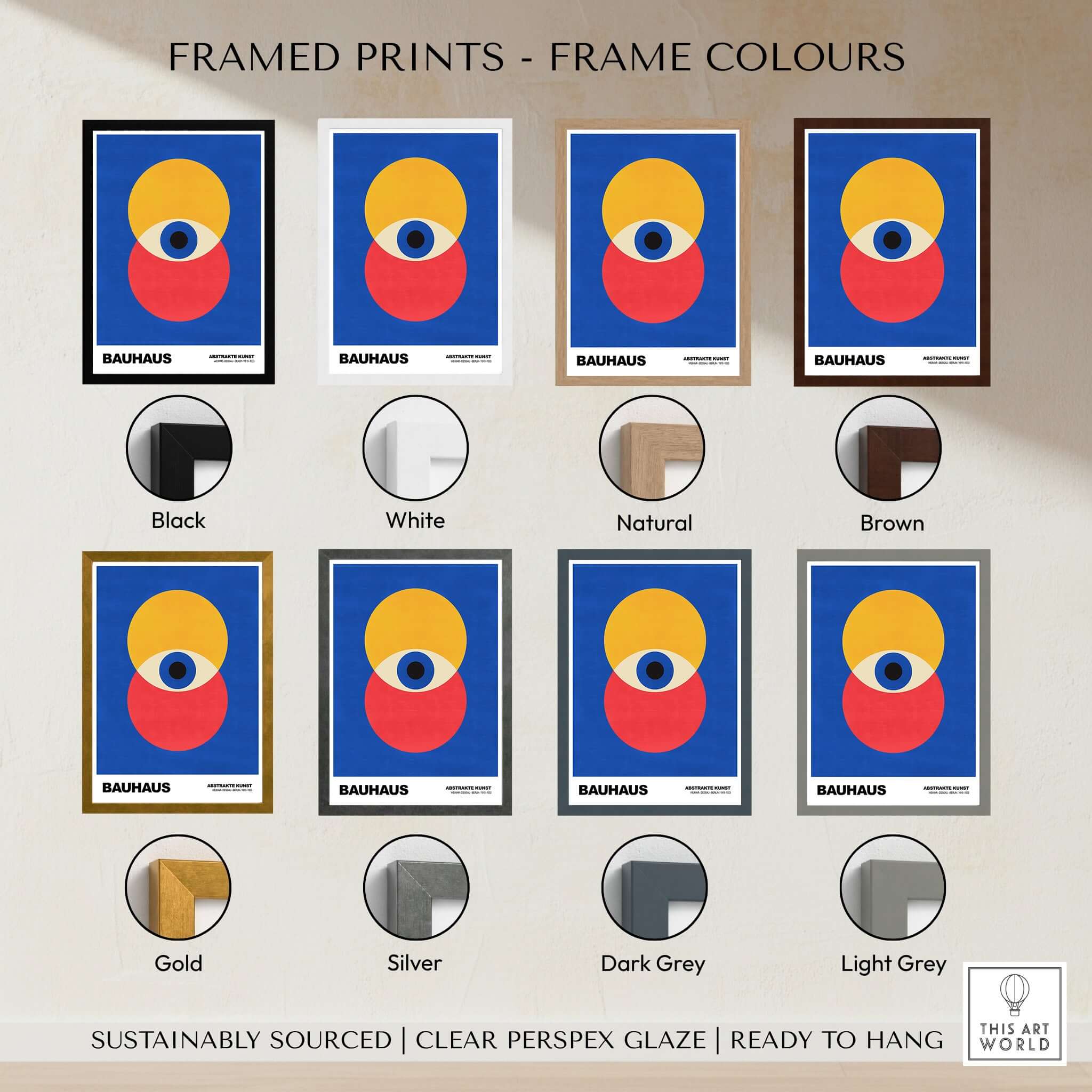 Bauhaus Exhibition Prints - Abstract Eye Circles Poster - Blue Yellow Red Primary Art displayed in various frame colors.