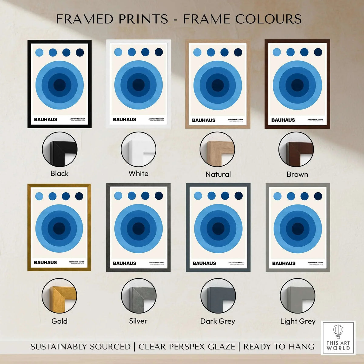 Bauhaus Exhibition Prints - Abstract Blue Circles Poster Geometric Design displayed with various frame colors.