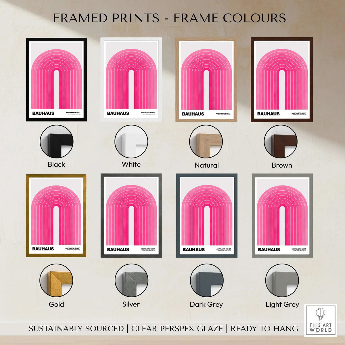 Bauhaus Exhibition Prints - Concentric Pink Arch Poster Minimalist Geometric Art showcased in various frame colors.