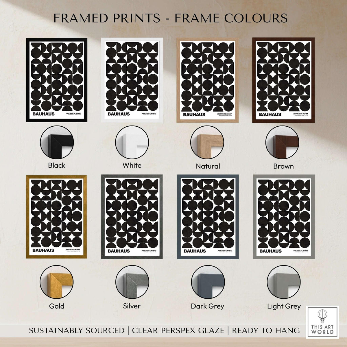 Bauhaus Exhibition Prints - Geometric Circle Shapes Art Print Black White Pattern framed print options including black, white, natural, and brown.