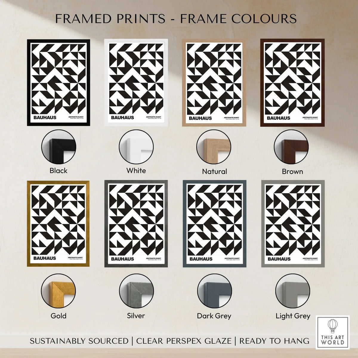 Bauhaus Exhibition Prints - Geometric Triangle Pattern Poster Black White Abstract framed prints in various frame colors.