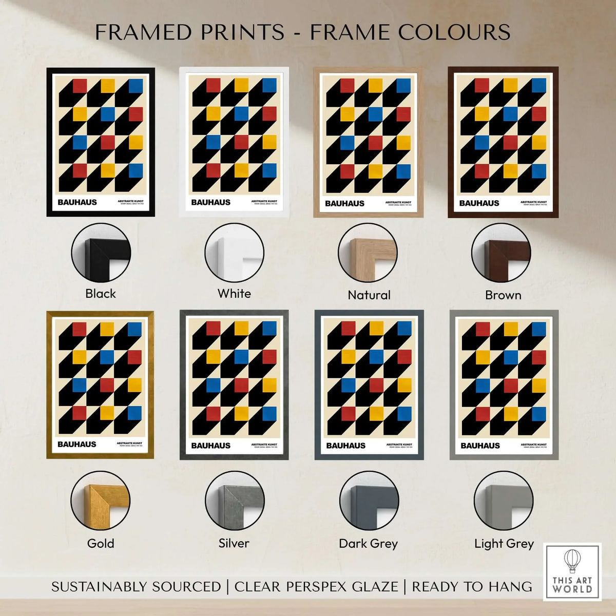 Bauhaus Exhibition Prints - Isometric Cubes Art Print Red Yellow Blue Design in various frame colours including black, white, natural and brown.