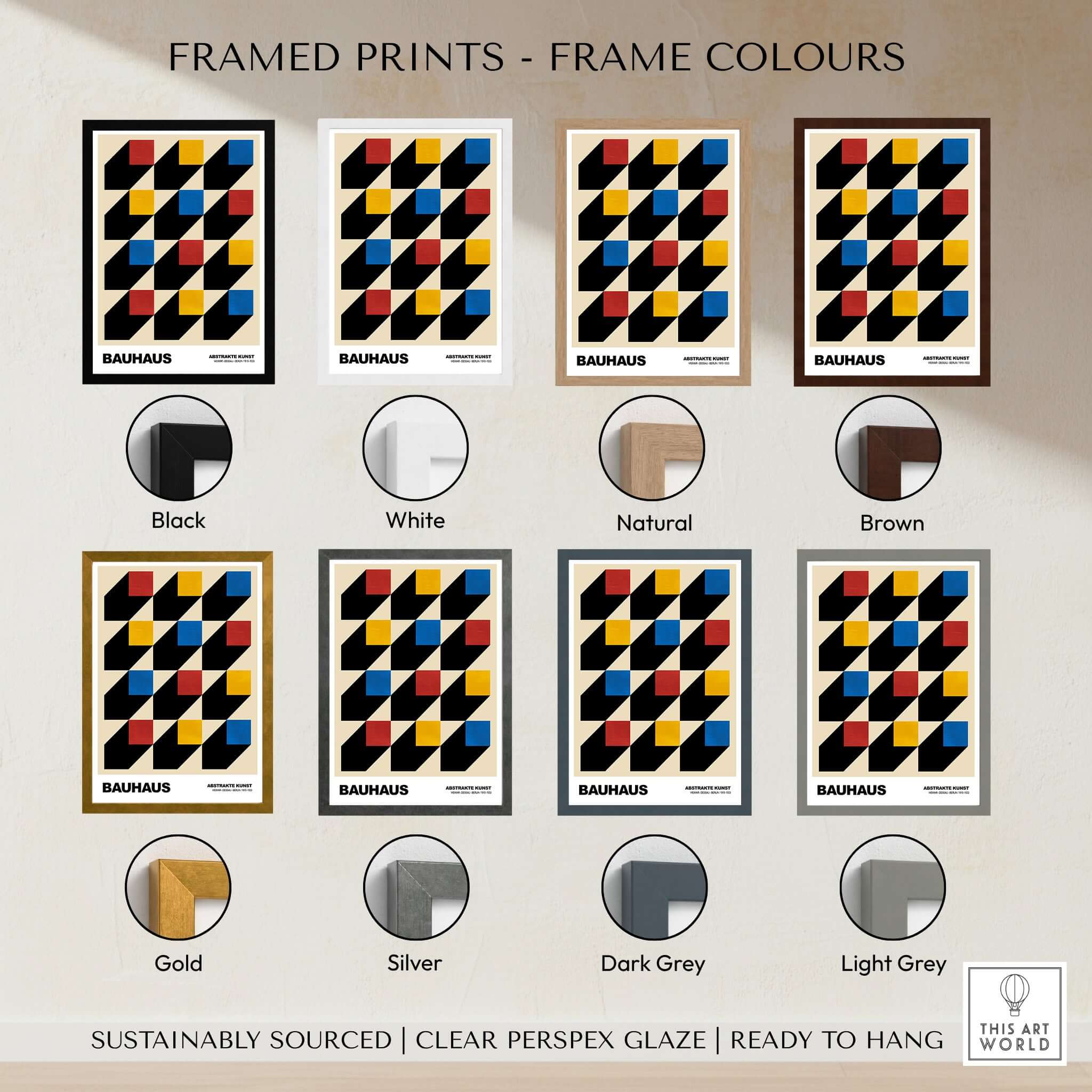 Bauhaus Exhibition Prints - Isometric Cubes Art Print Red Yellow Blue Design in various frame colours including black, white, natural and brown.