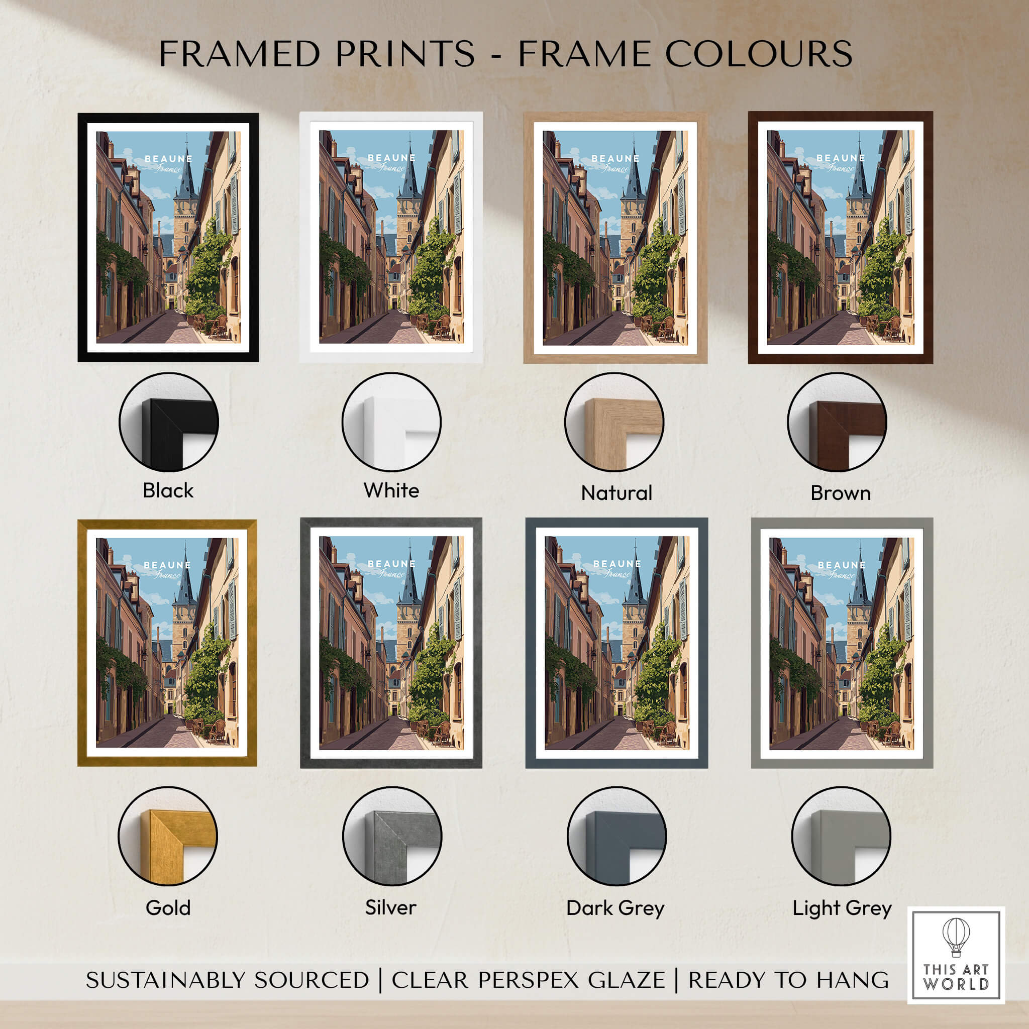Framed prints of Beaune Travel Poster – Burgundy France Wall Art in various frame colors including black, white, natural, and brown.
