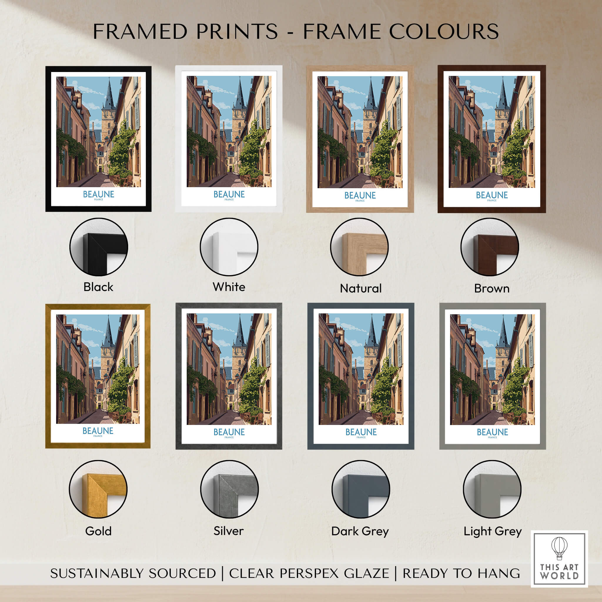 Framed prints of Beaune France Wall Art – Village Print in various frame colors including black, white, natural, brown, gold, and silver.