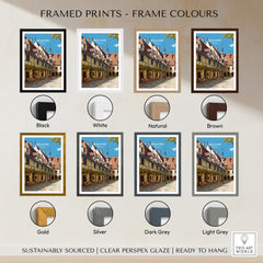 Beaune Travel Poster – Hospices de Beaune Architecture and Courtyard Art framed prints in various color options.