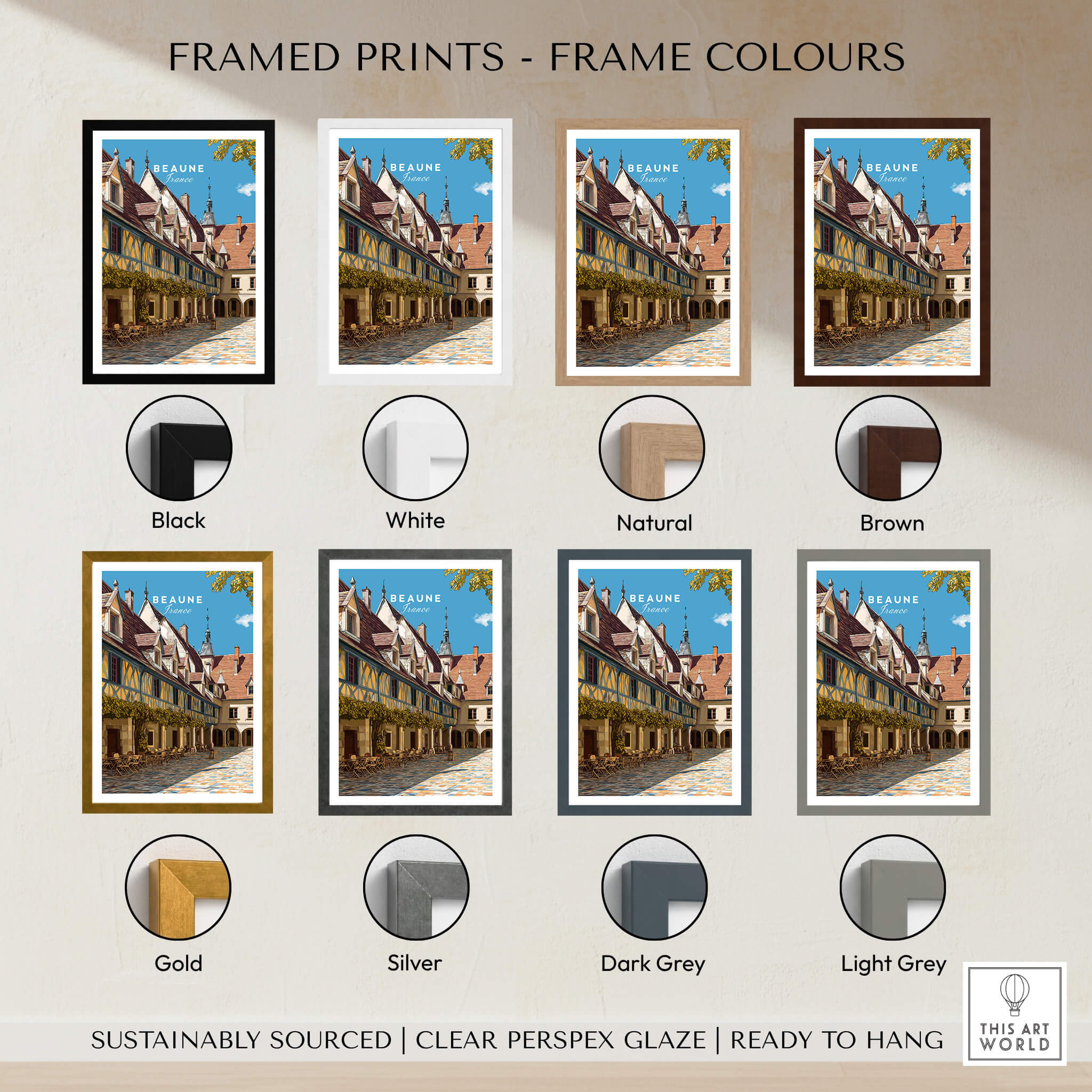 Beaune Travel Poster – Hospices de Beaune Architecture and Courtyard Art framed prints in various color options.