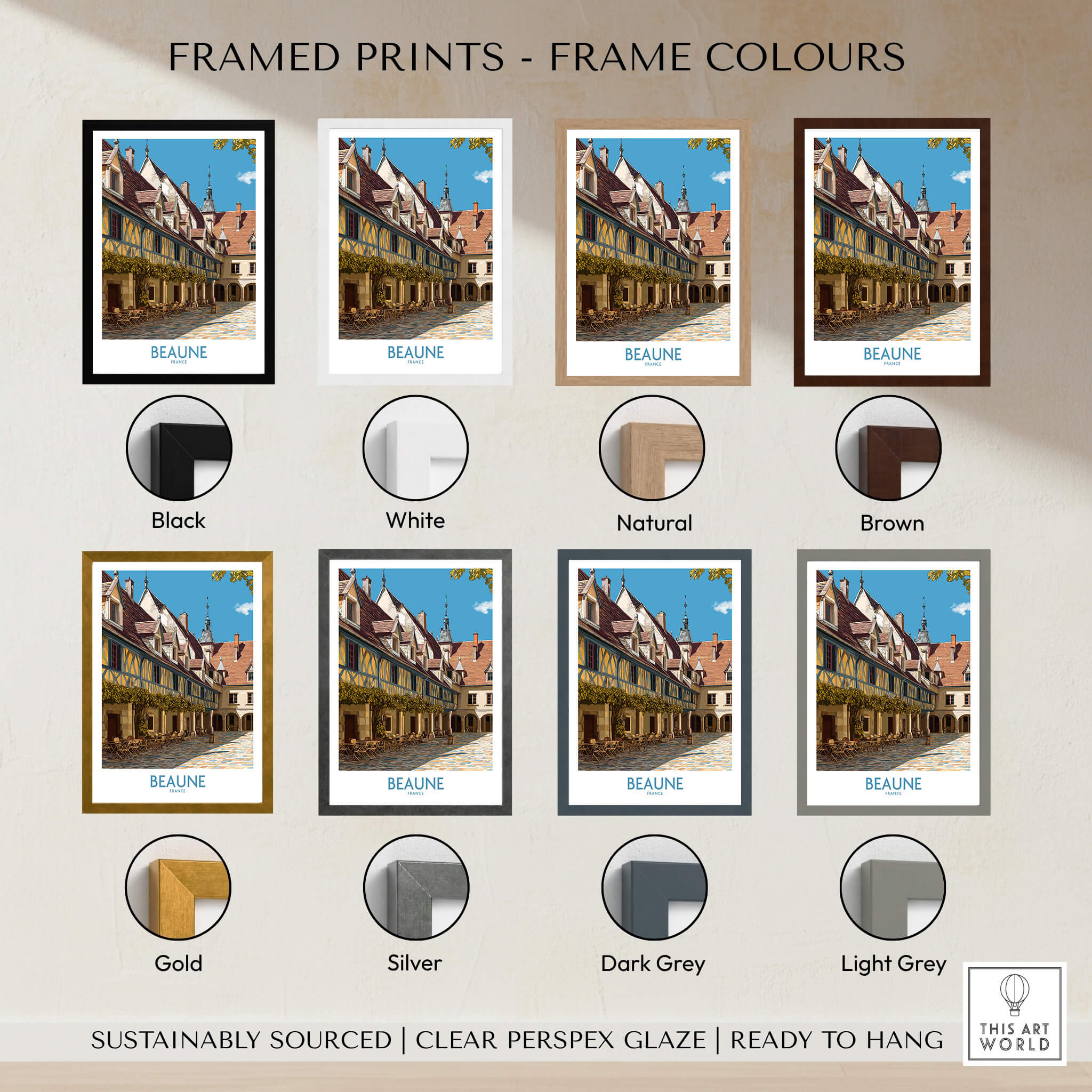 Beaune France Print – Hospices de Beaune Wall Art framed print colors including black, white, natural, and brown options.