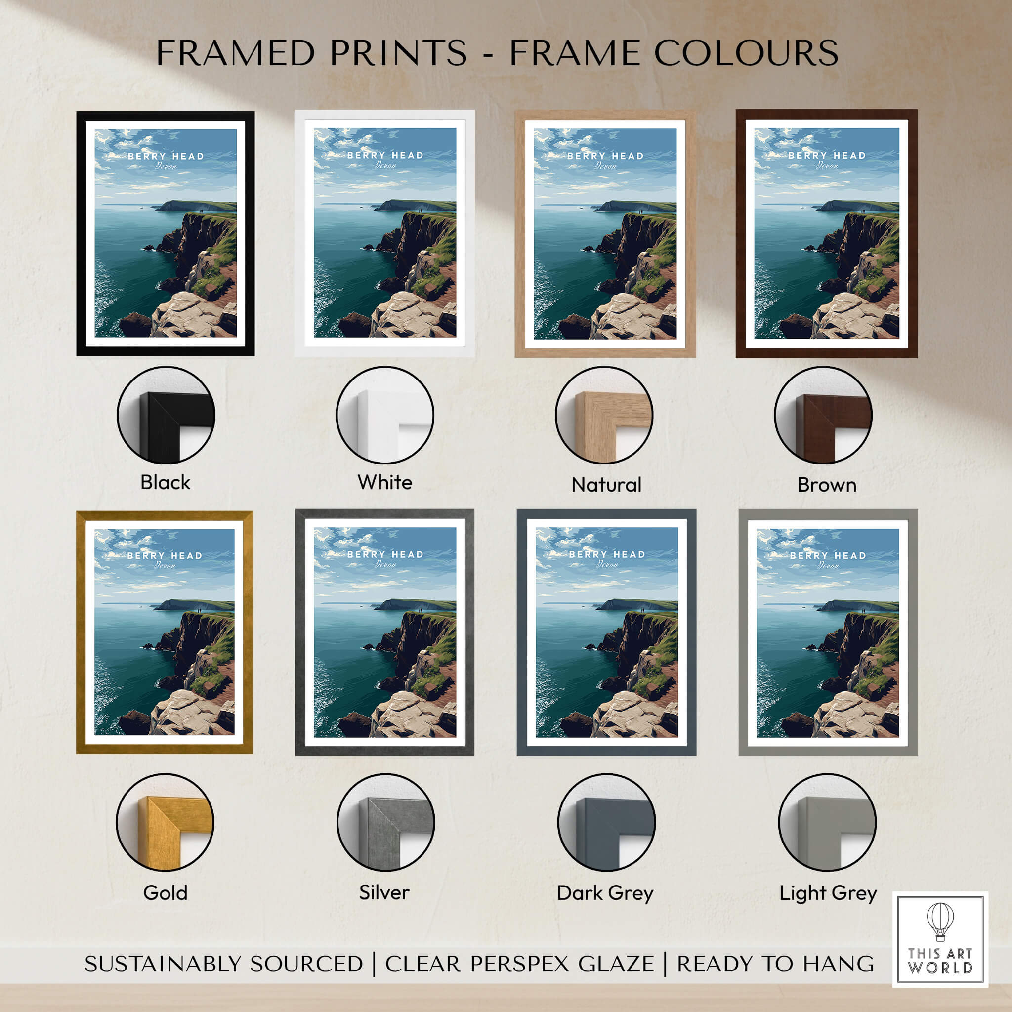 Berry Head Travel Poster – Devon Coastal Cliffs and Ocean View Print with various frame color options.