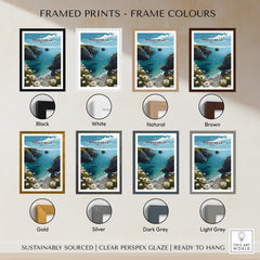 Berry Head Travel Poster – South Devon Coastline and Wildflower Art framed print options in various colors.