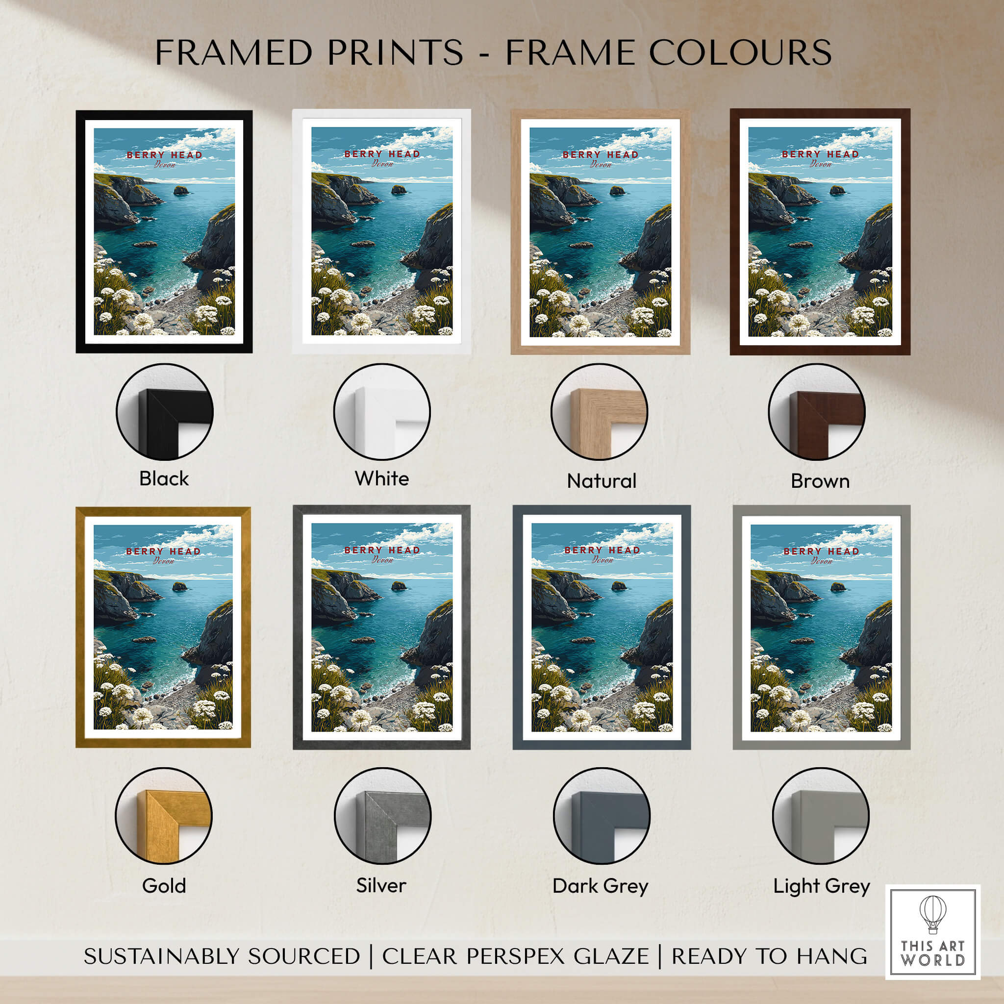 Berry Head Travel Poster – South Devon Coastline and Wildflower Art framed print options in various colors.