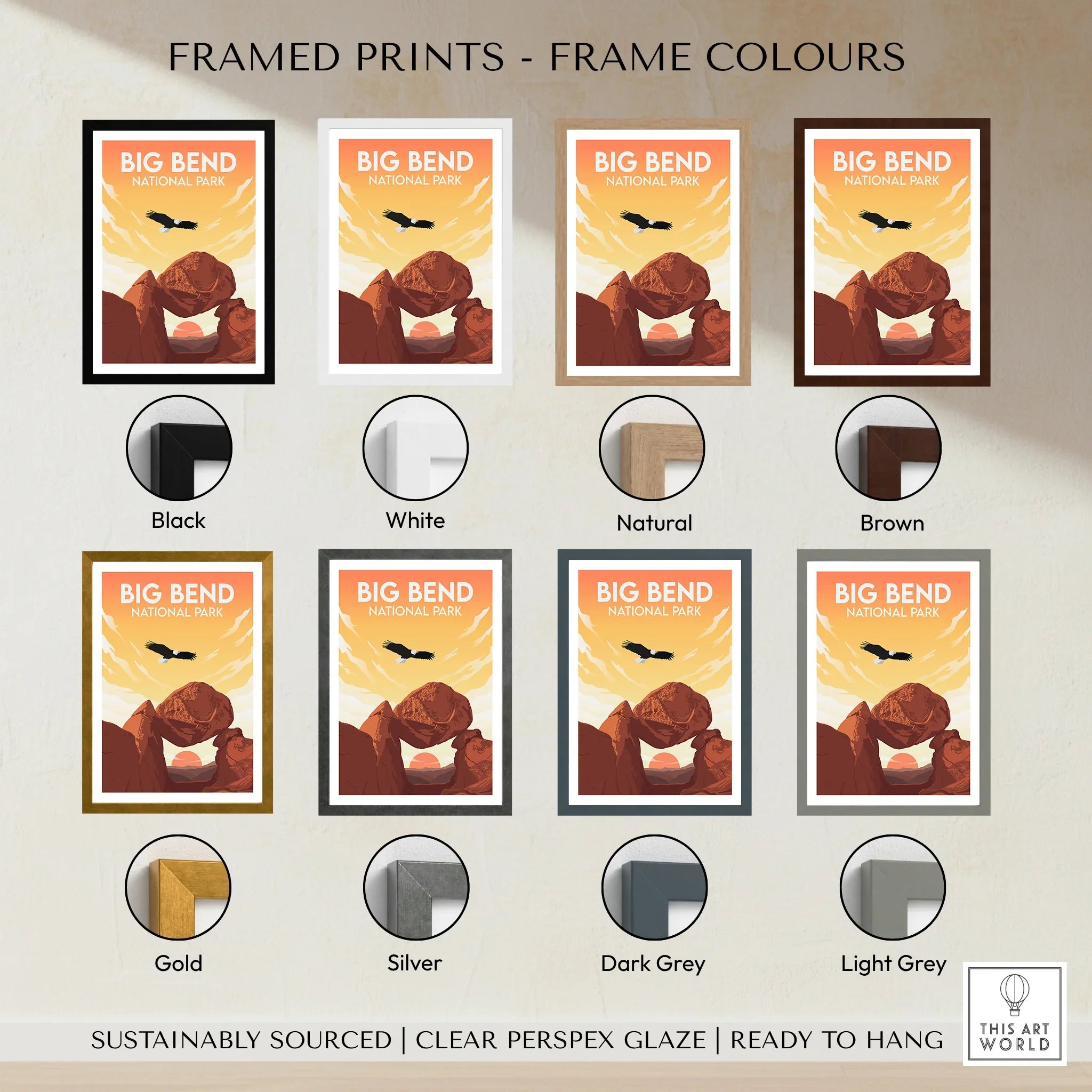 Big Bend National Park travel poster framed print with eight frame color options shown.