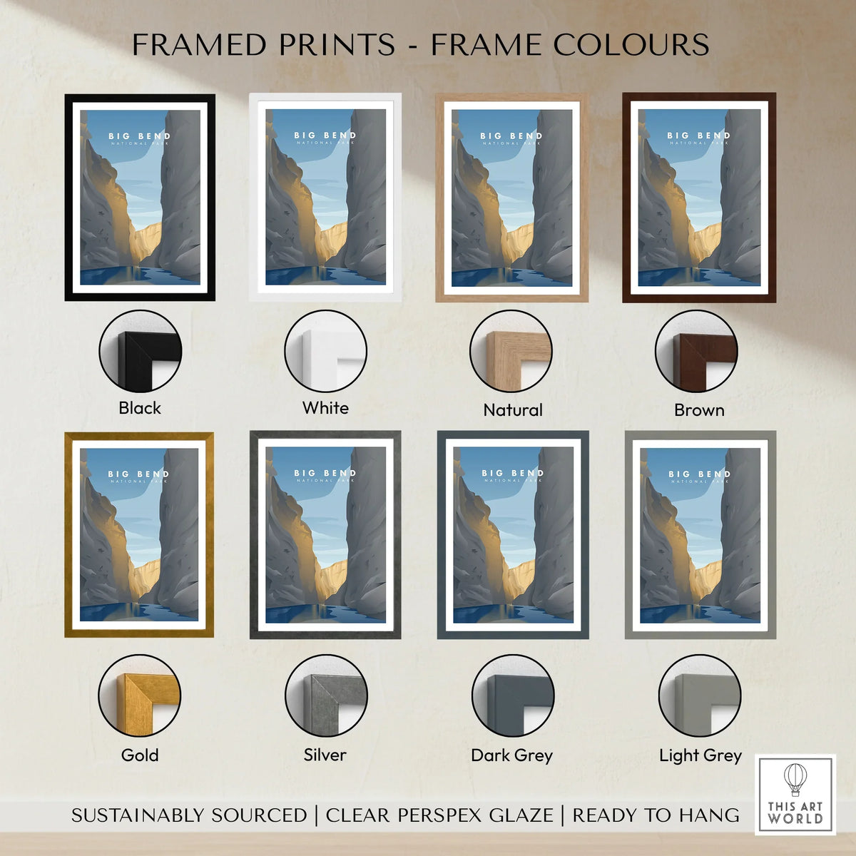 Big Bend National Park wall art print with various frame color options including black, white, natural, brown, gold, silver, dark grey, and light grey.