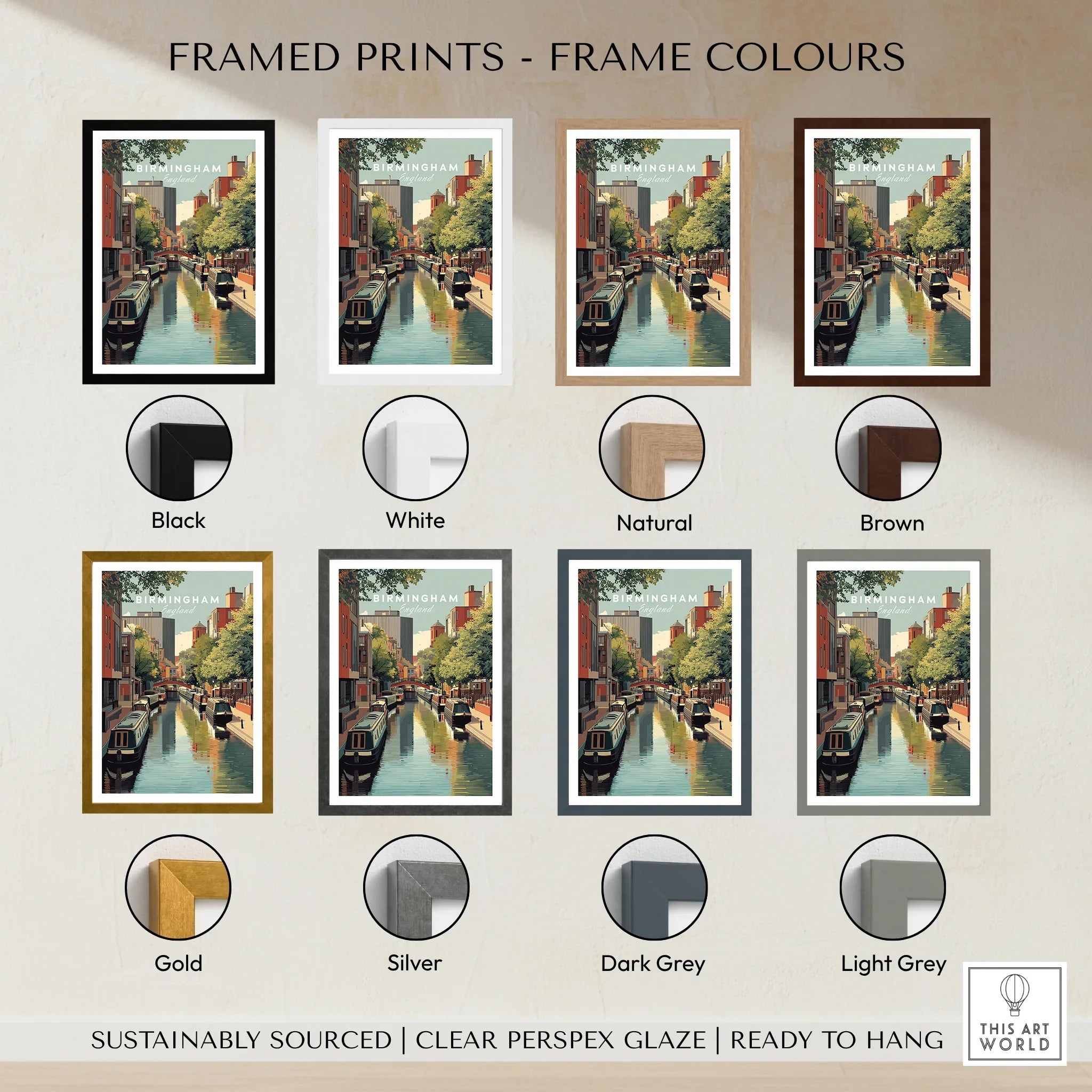 Birmingham city canal art print with eight frame color options, including black, white, natural, brown, gold, silver, dark grey, and light grey.