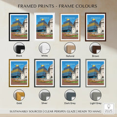 Birmingham travel print framed in eight colors: black, white, natural, brown, gold, silver, dark grey, light grey.