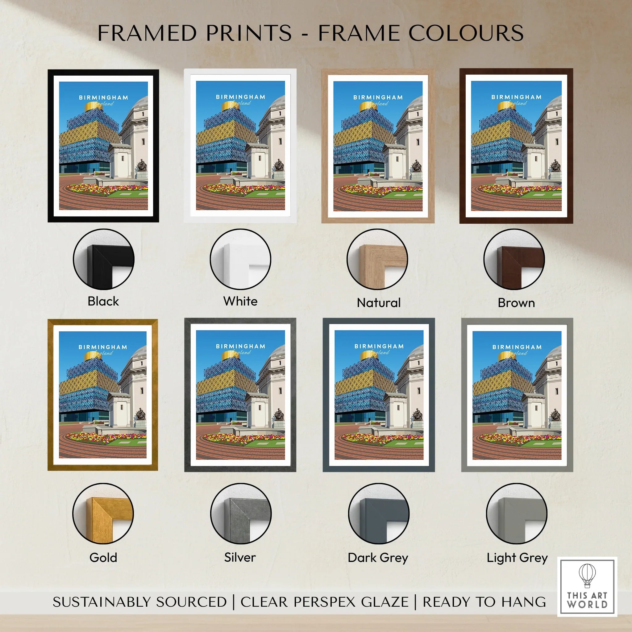 Birmingham travel print framed in eight colors: black, white, natural, brown, gold, silver, dark grey, light grey.