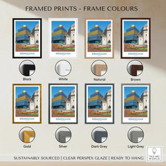 Birmingham city skyline framed print shown in eight frame color options: black, white, natural, brown, gold, silver, dark grey, and light grey.