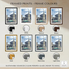 Birmingham travel poster framed wall art in eight frame color options including black, white, natural, brown, gold, silver, dark grey, and light grey.