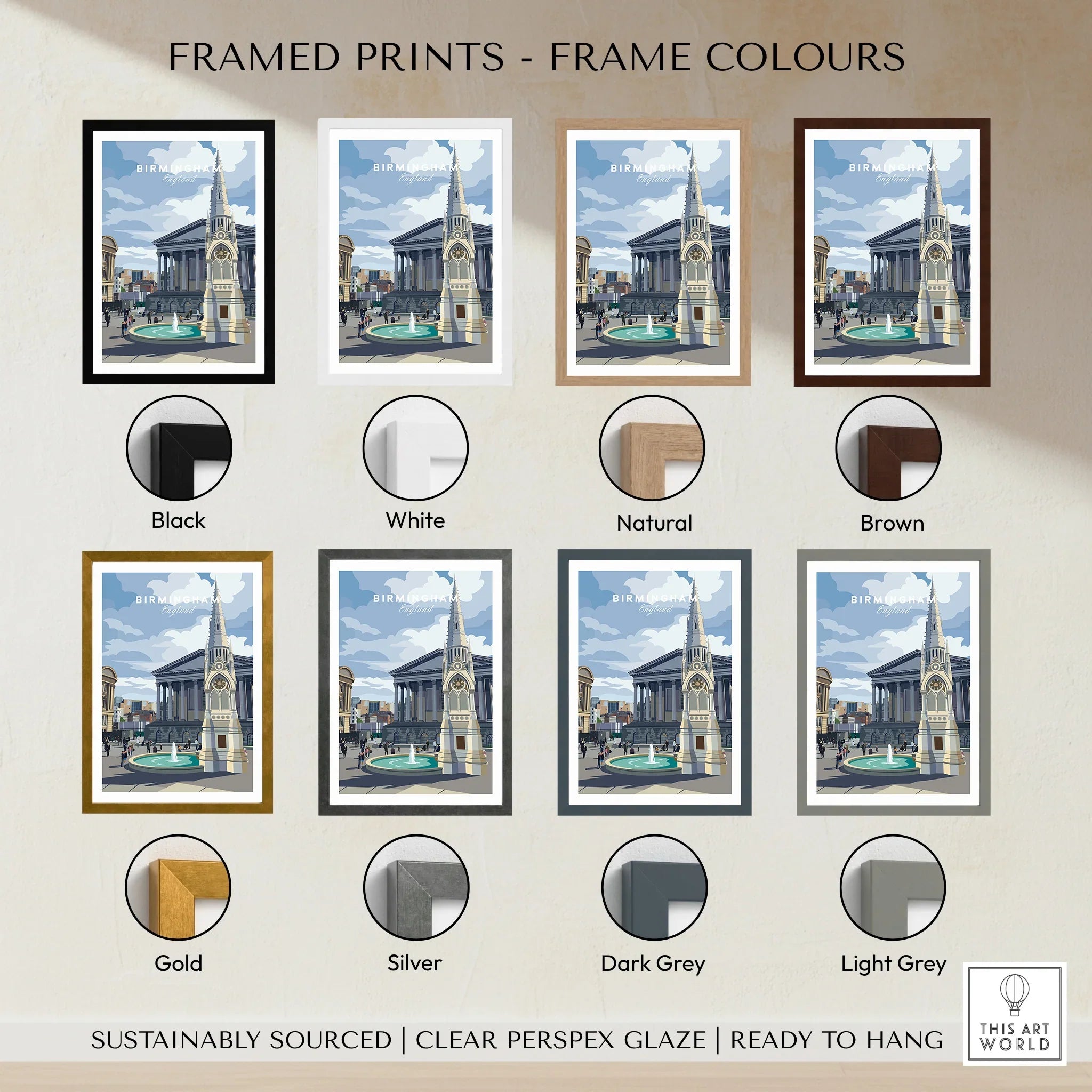 Birmingham travel poster framed wall art in eight frame color options including black, white, natural, brown, gold, silver, dark grey, and light grey.